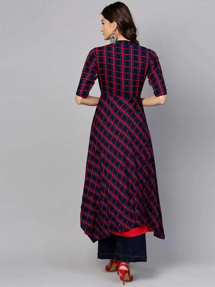 Red Checkered Rayon Kurta With Jacket - Libas