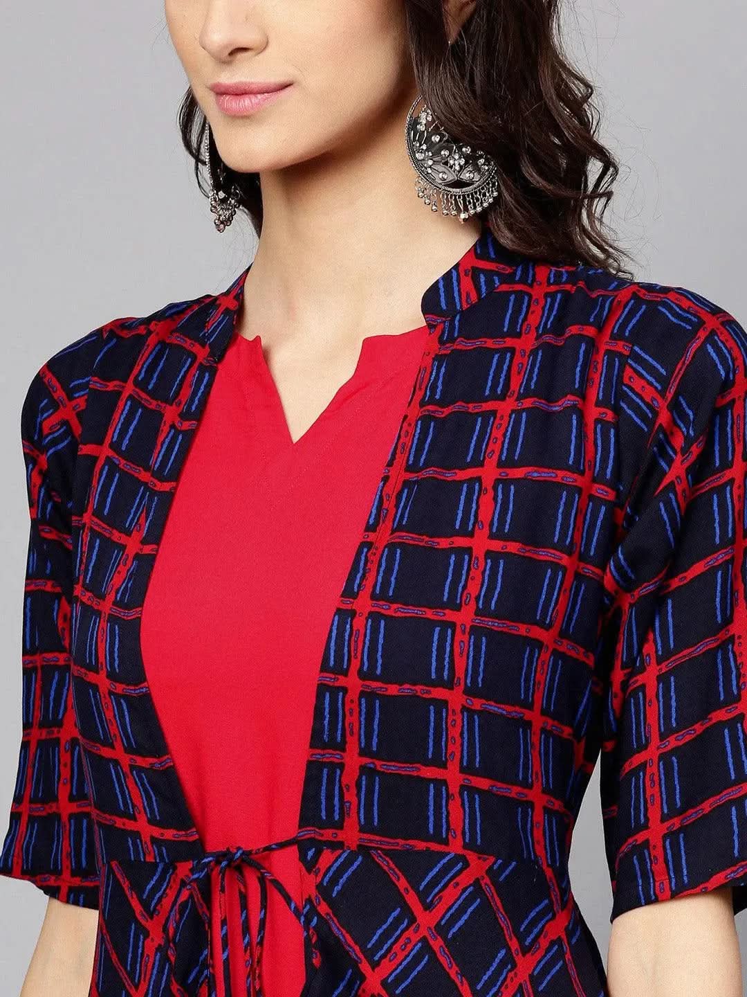 Red Checkered Rayon Kurta With Jacket - Libas 