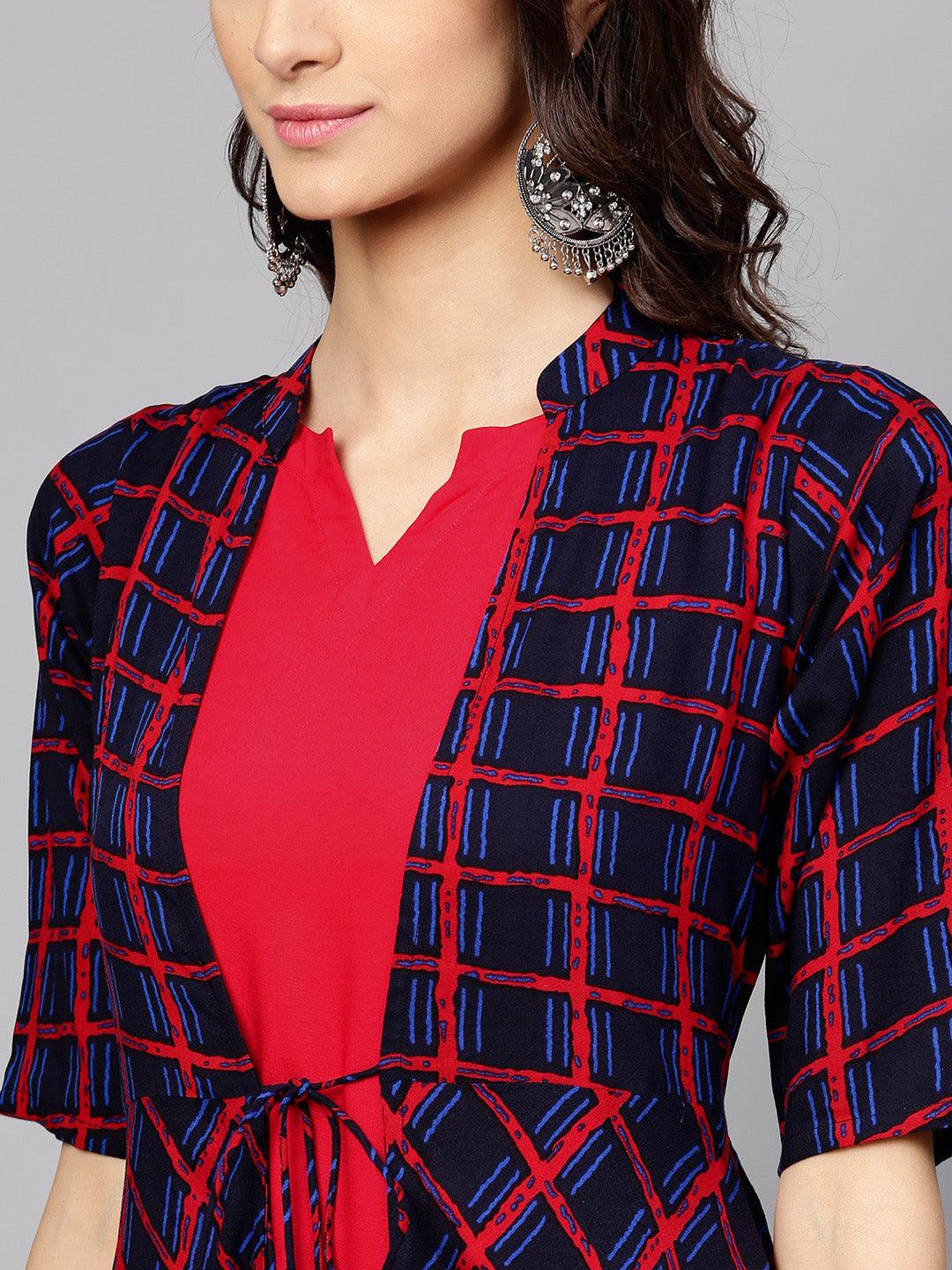 Red Checkered Rayon Kurta With Jacket - Libas