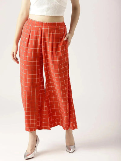 Red Checkered Rayon Palazzos - Libas