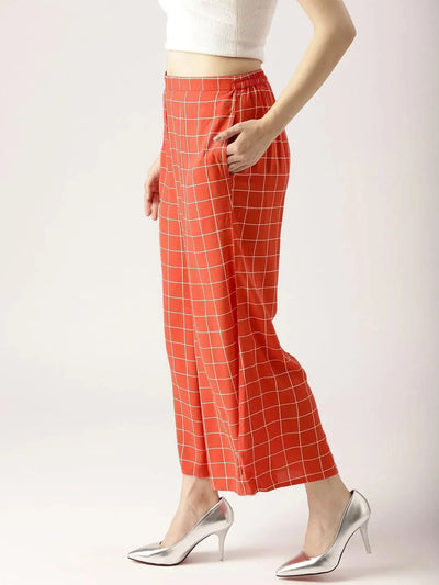 Red Checkered Rayon Palazzos - Libas