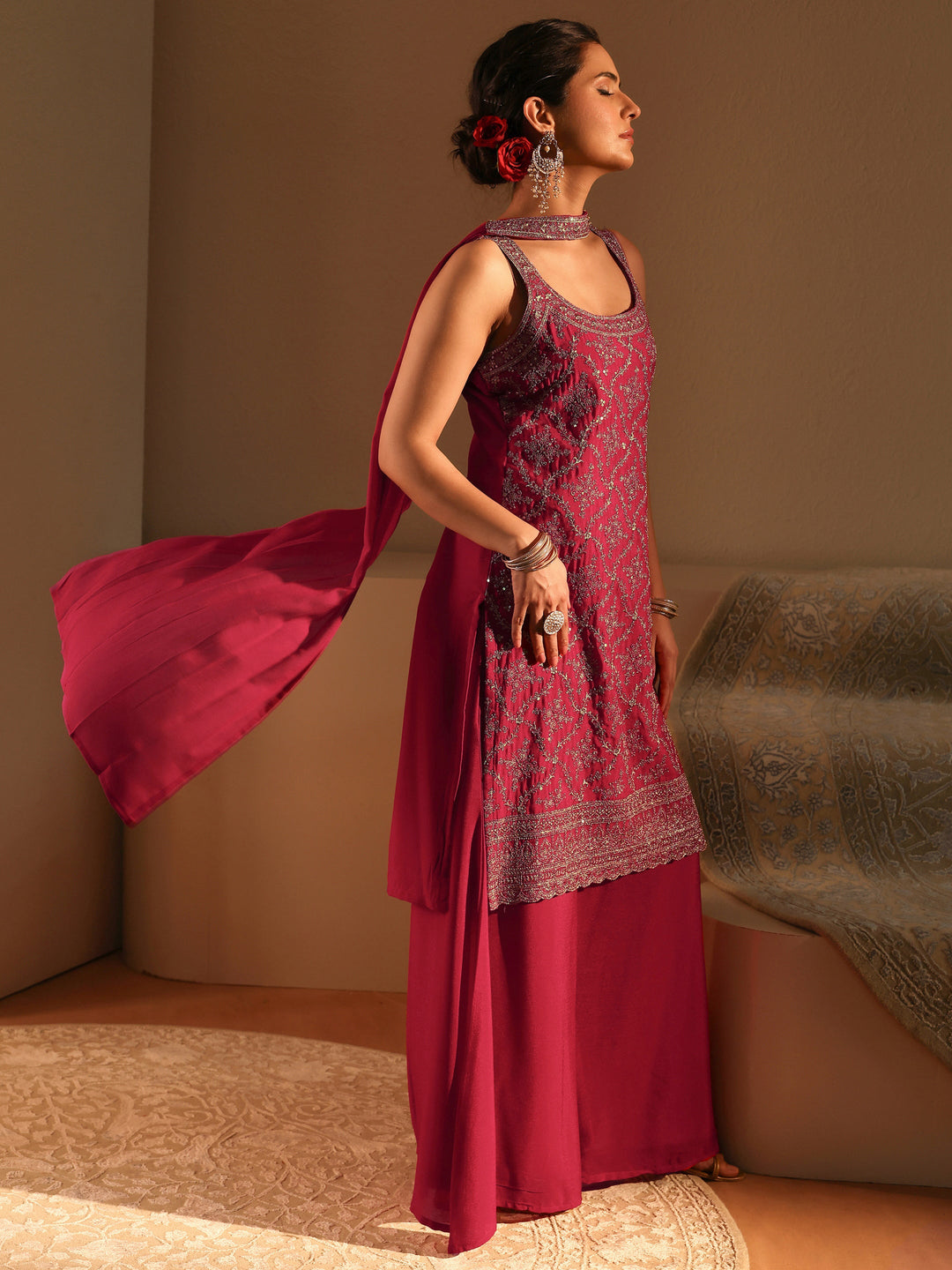 Red Embellished Chinon Palazzo Suit Set With Dupatta