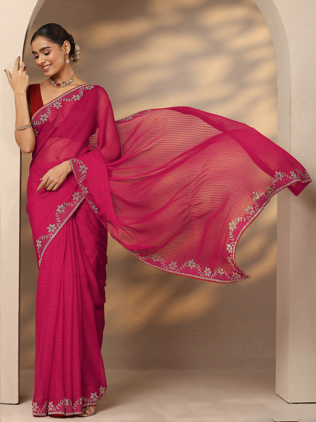  Red Embellished Georgette Saree With Unstitched Blouse Piece 