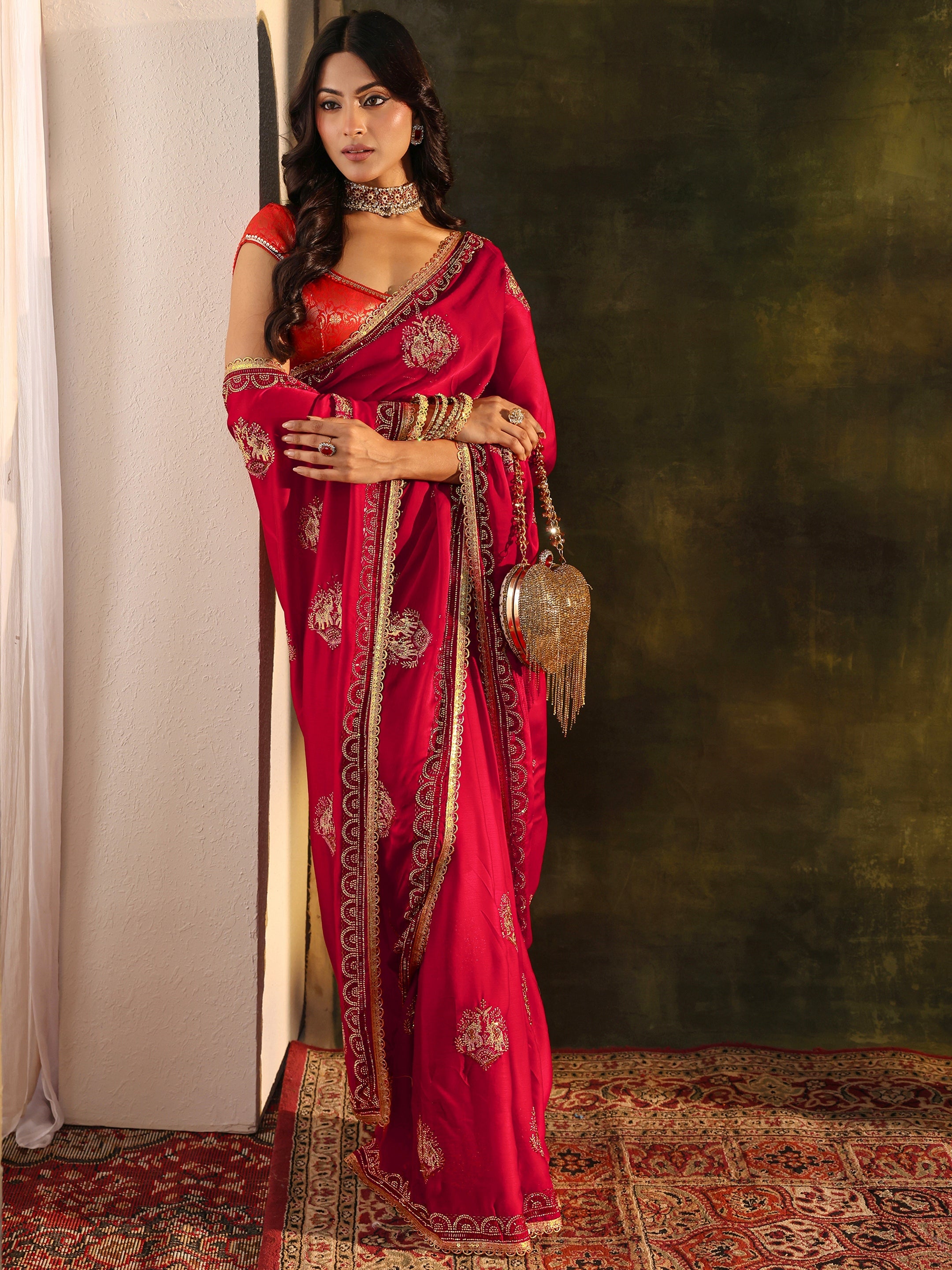 libas Red Embellished Satin Saree With Unstitched Blouse Piece-picture-21