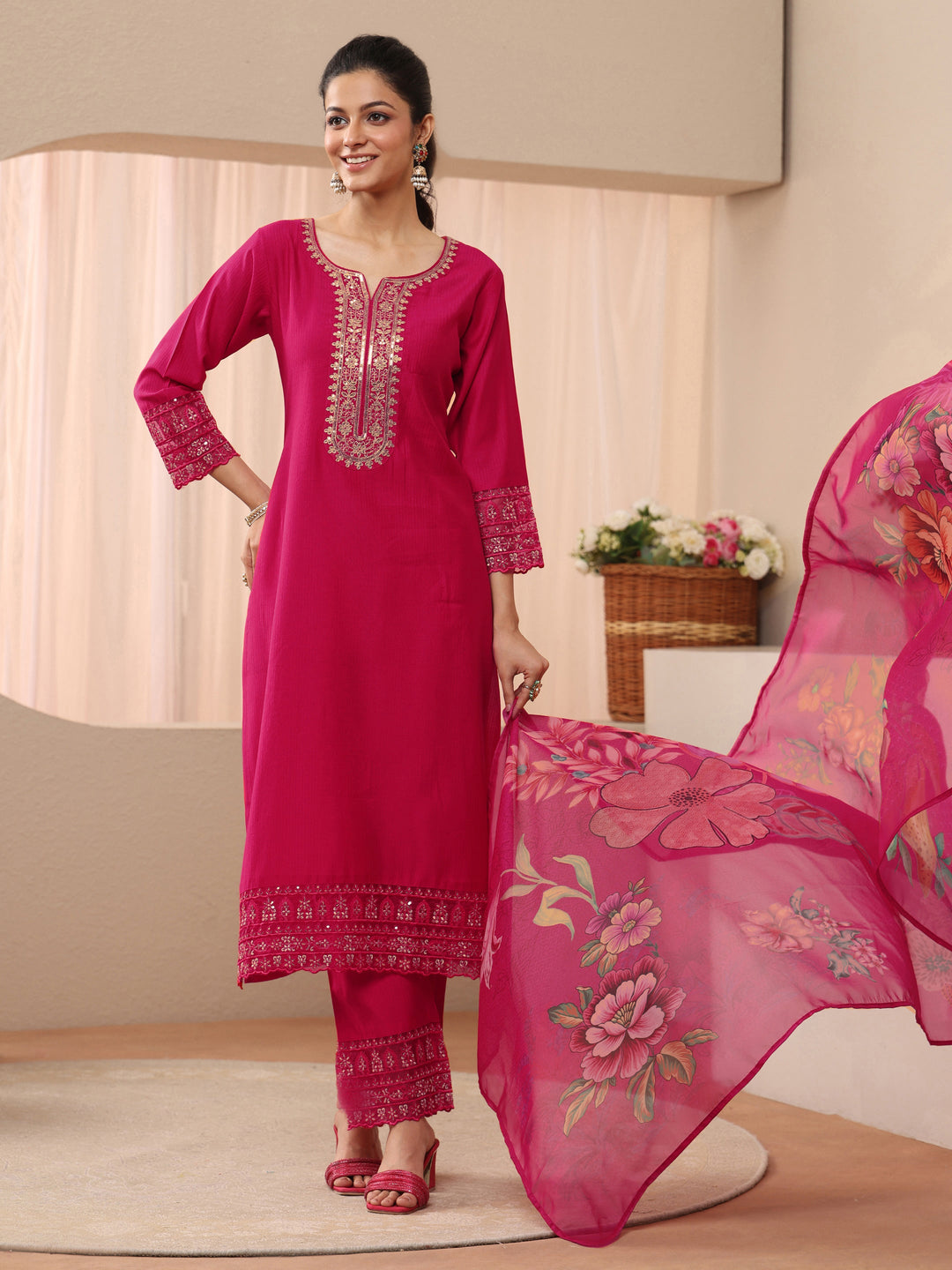  Red Embellished Silk Blend Straight Suit Set 