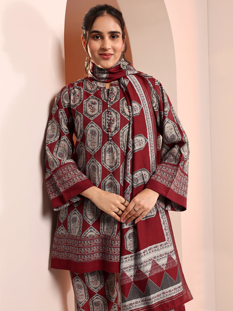 Libas Red Embellished Silk Blend Straight Suit Set With Dupatta