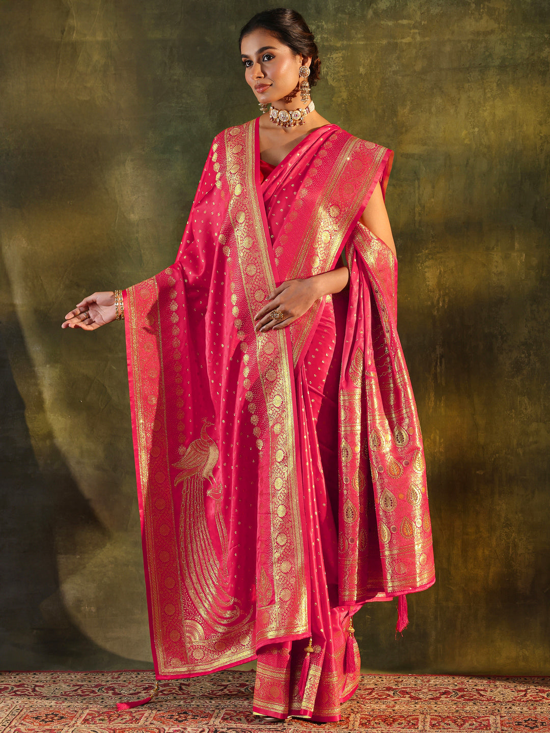 Red Embellished Silk Saree With Unstitched Blouse And Dupatta