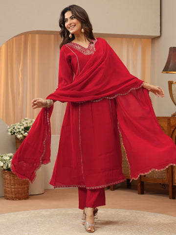 Libas Red Embellished Yoke Silk Blend A-Line Suit Set