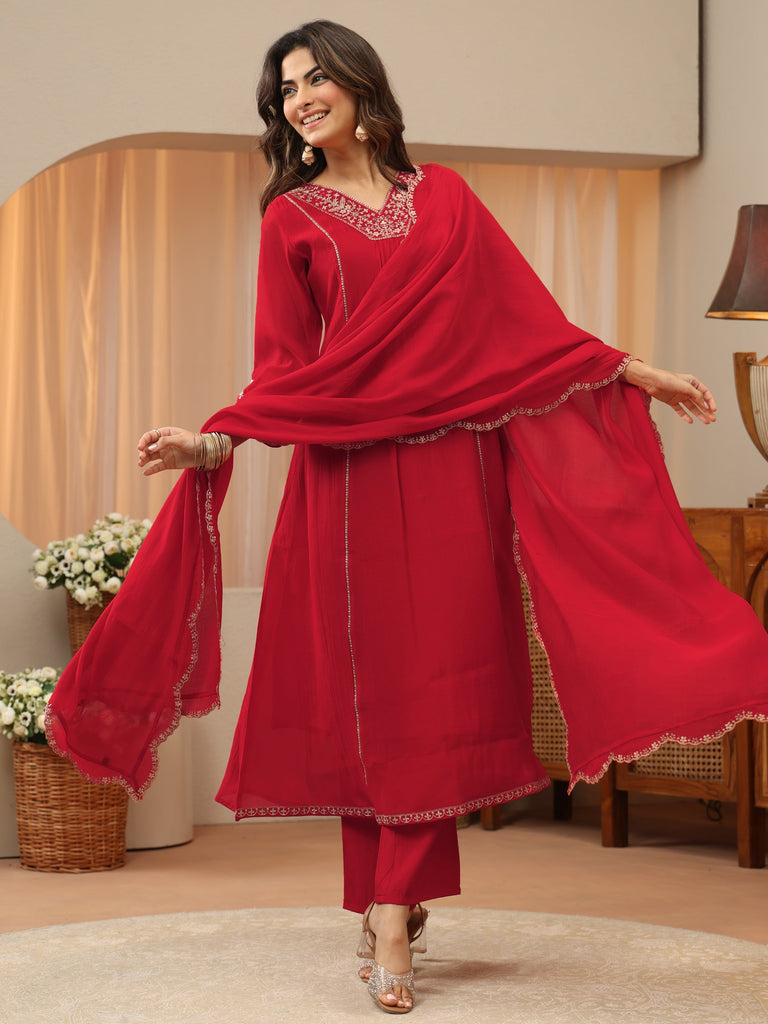 Libas Red Embellished Yoke Silk Blend A-Line Suit Set