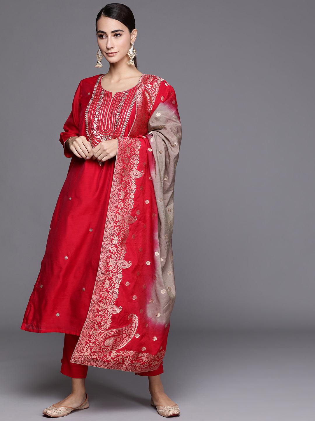 Red Embroidered Chanderi Silk Straight Kurta With Dupatta
