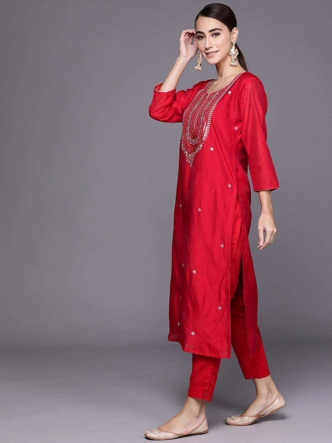 Red Embroidered Chanderi Silk Suit Set - Libas