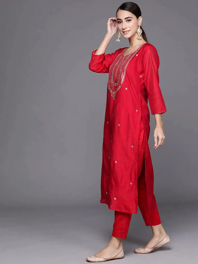 Red Embroidered Chanderi Silk Suit Set - Libas