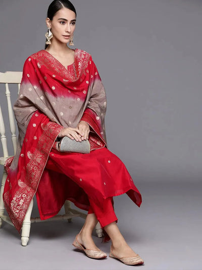 Red Embroidered Chanderi Silk Suit Set - Libas