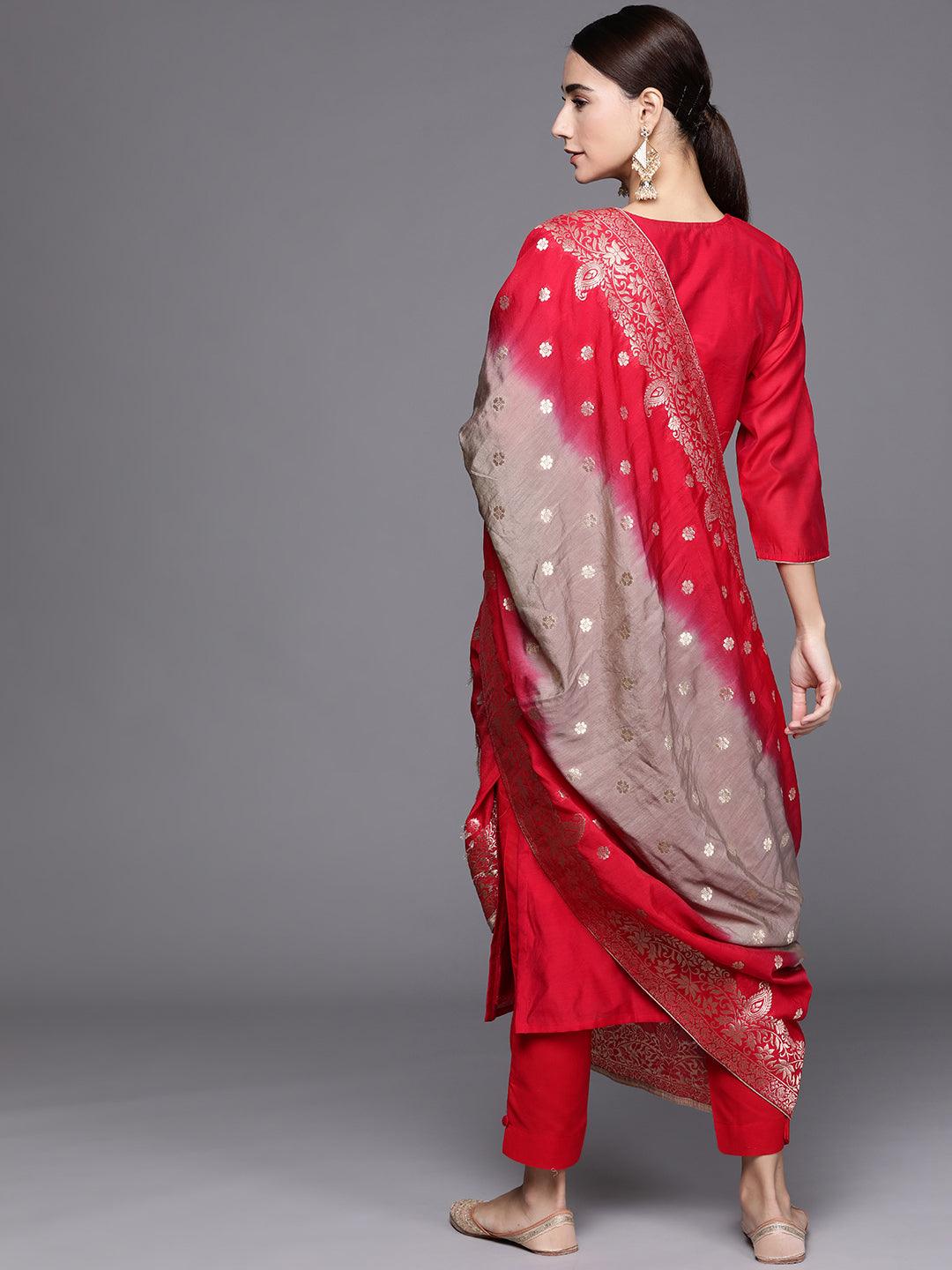 Red Embroidered Chanderi Silk Straight Kurta With Dupatta