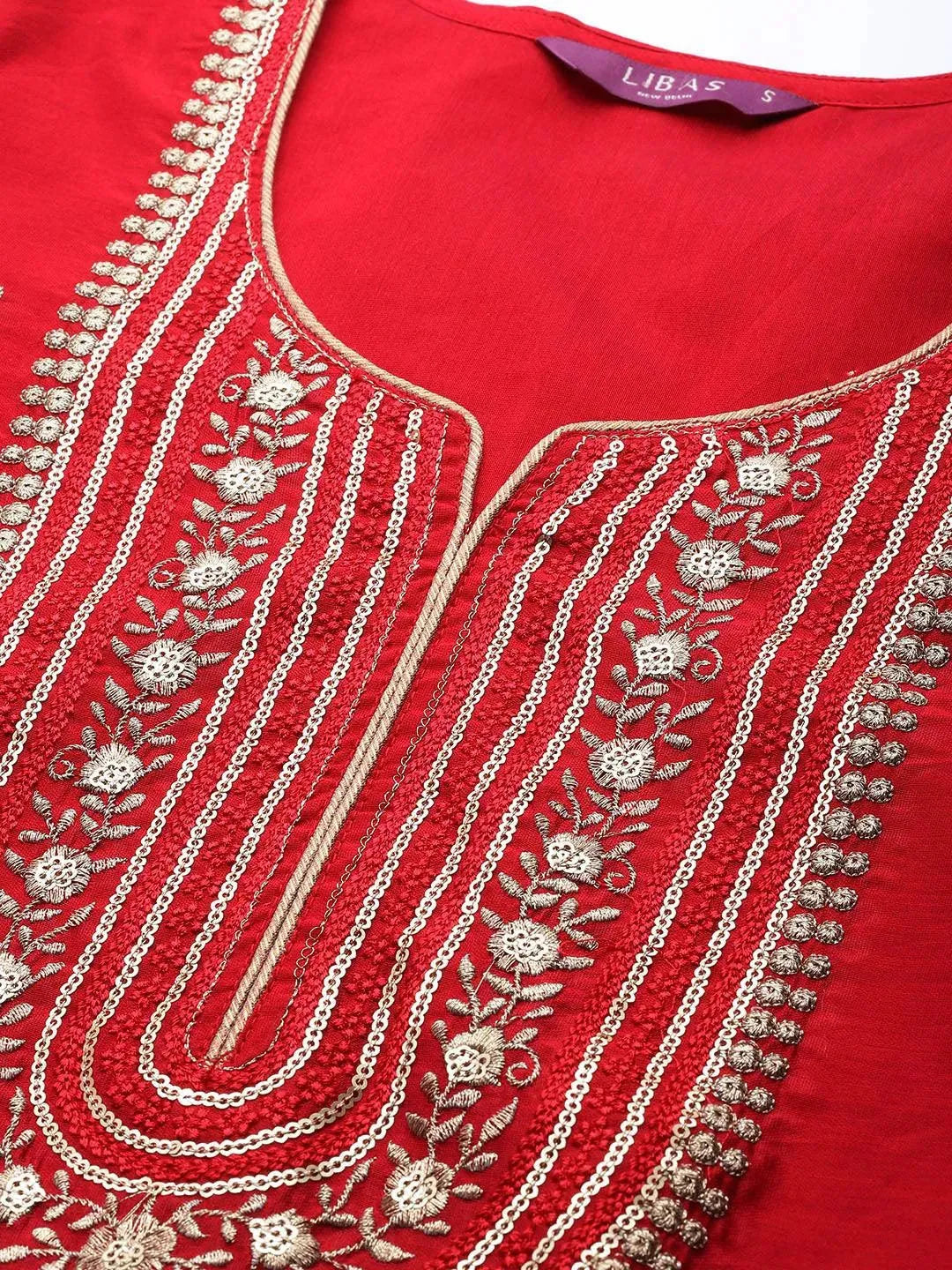 Red Embroidered Chanderi Silk Suit Set - Libas