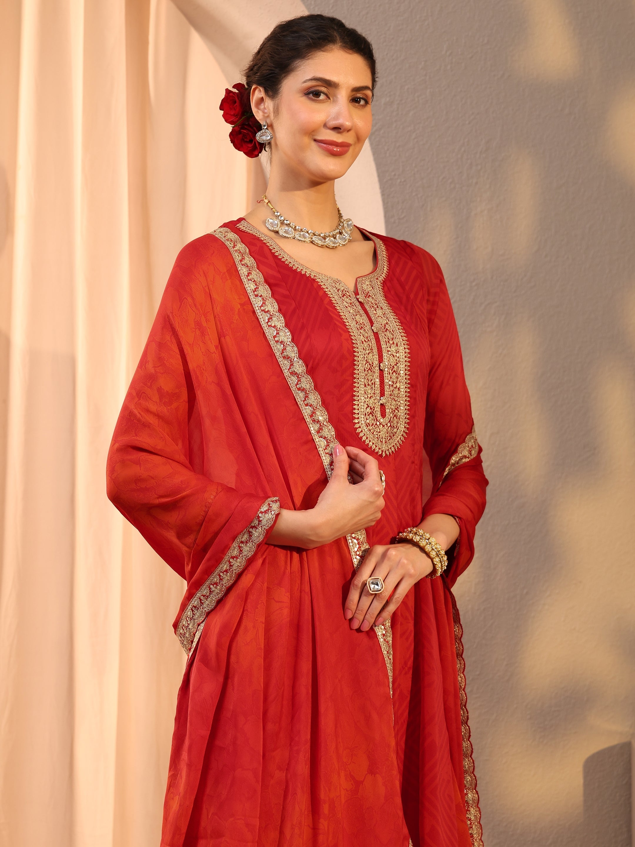Red Embroidered Chiffon Anarkali Suit Set With Dupatta-image-39