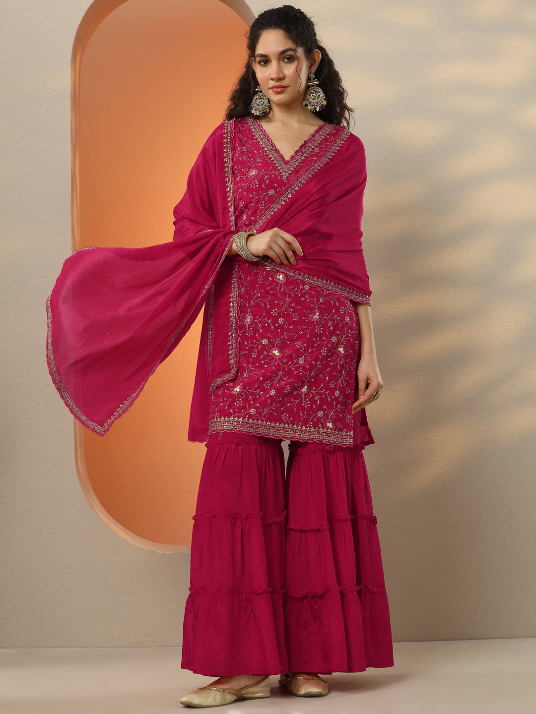 Red Embroidered Chinon Straight Suit Set With Dupatta