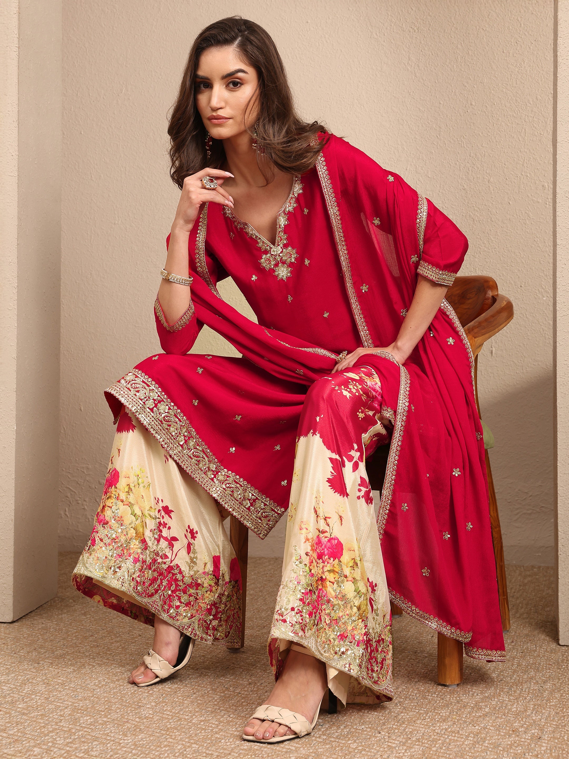 libas Red Embroidered Chinon Straight Suit Set With Dupatta-picture-33