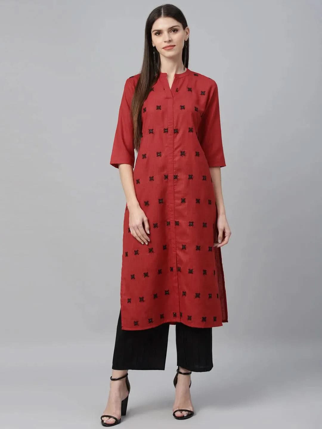Red Embroidered Cotton Kurta - Libas 