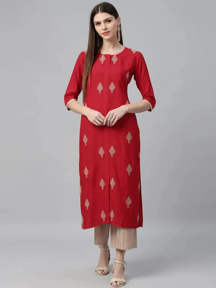 Red Embroidered Cotton Kurta - Libas