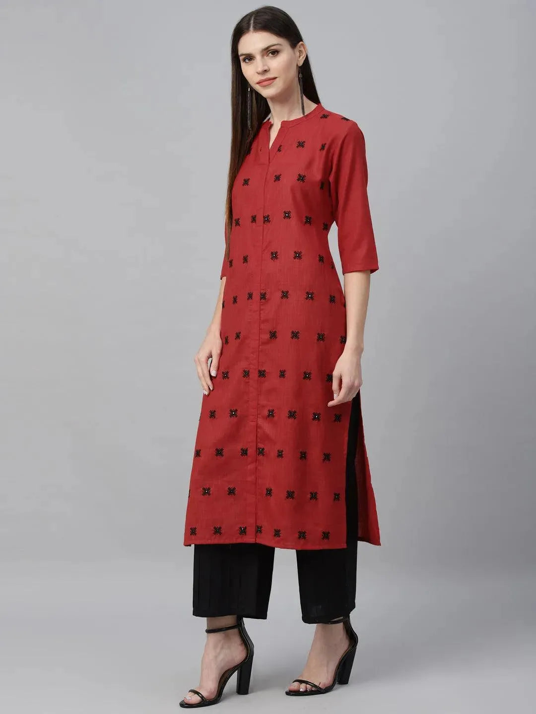 

Buy Red Embroidered Cotton Kurta - 9205F- | Libas Ethnic Wear Online