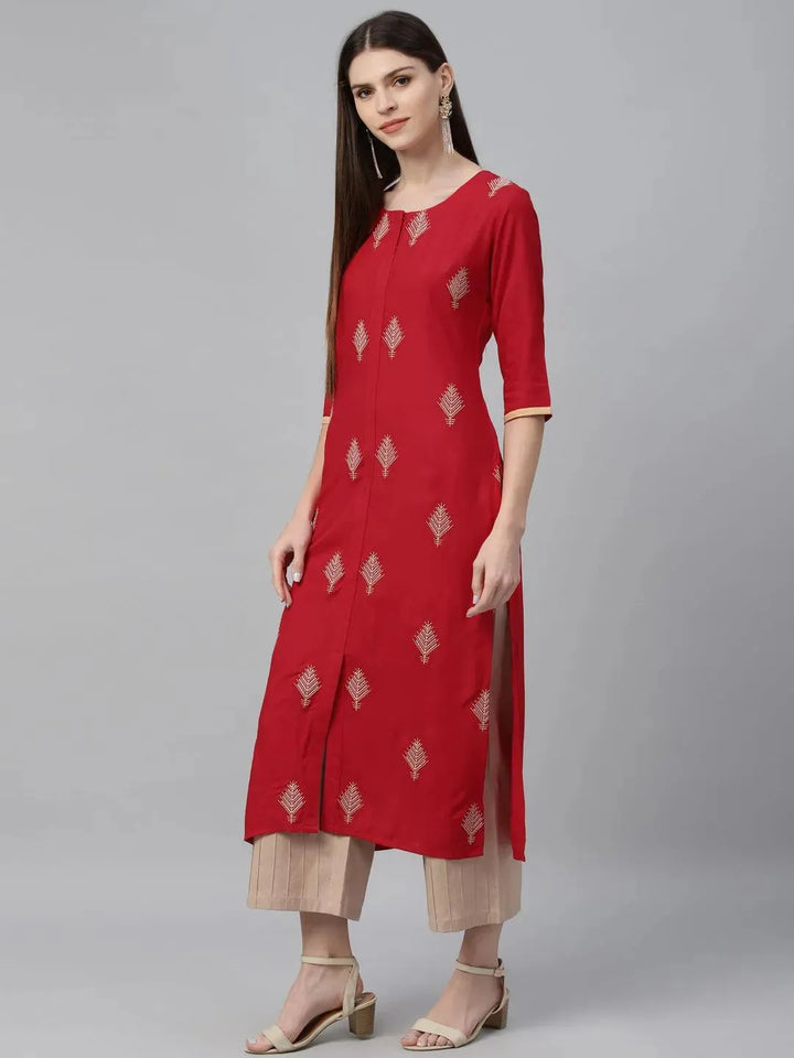 Red Embroidered Cotton Kurta - Libas