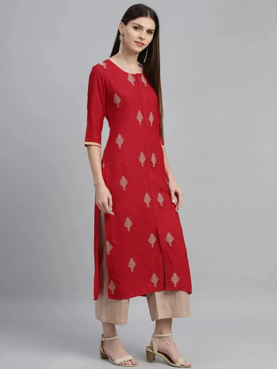 Red Embroidered Cotton Kurta - Libas