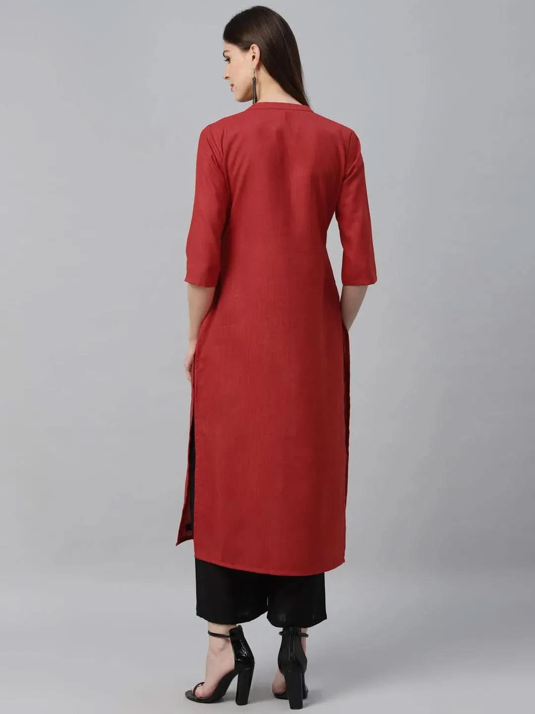 Red Embroidered Cotton Kurta - Libas 