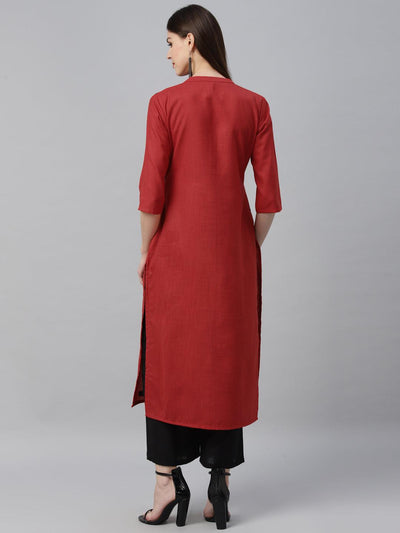 Red Embroidered Cotton Kurta - Libas