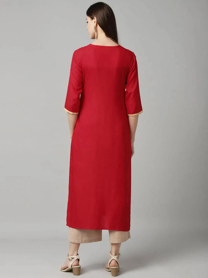 Red Embroidered Cotton Kurta - Libas