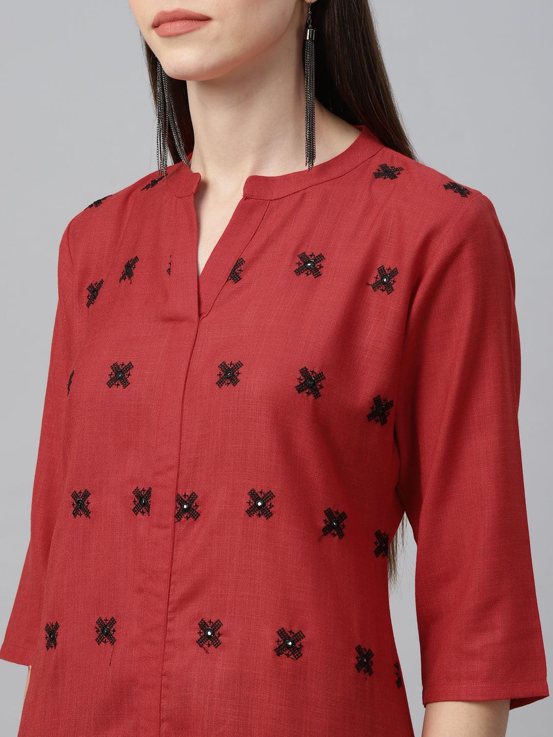 Red Embroidered Cotton Kurta - Libas