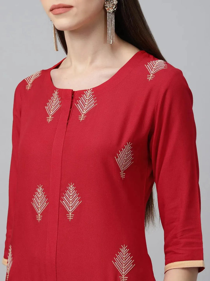 Red Embroidered Cotton Kurta - Libas