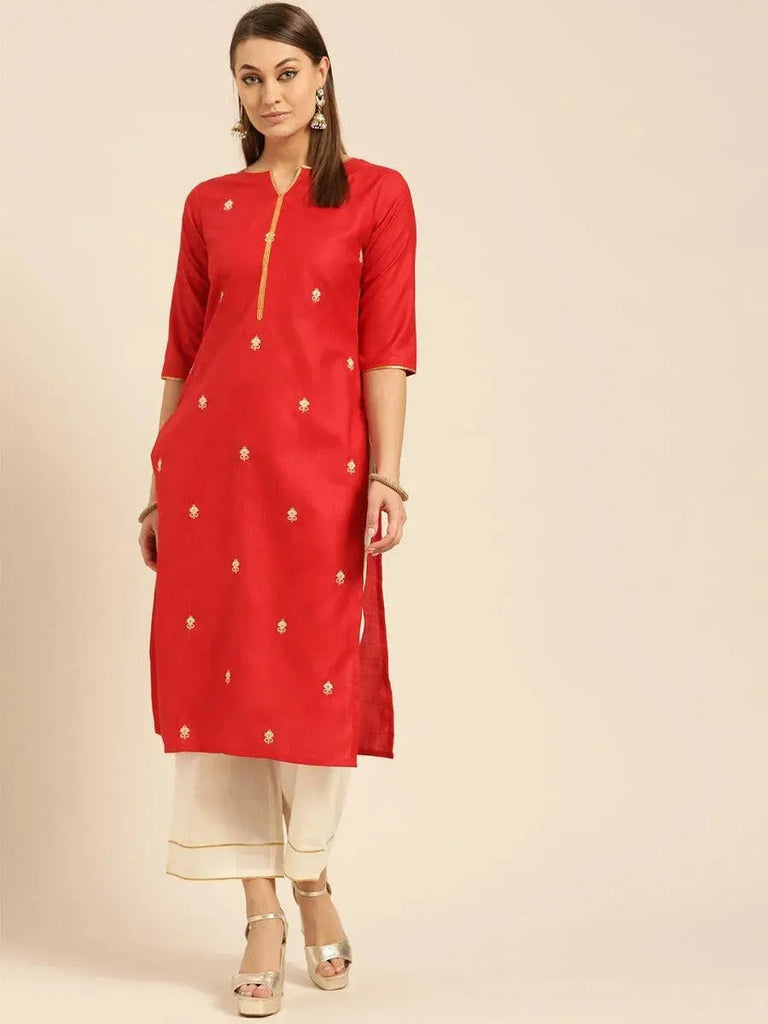 Libas Red Embroidered Cotton Straight Kurta With Palazzos
