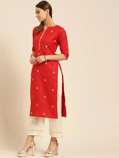 Red Embroidered Cotton Kurta Set - Libas