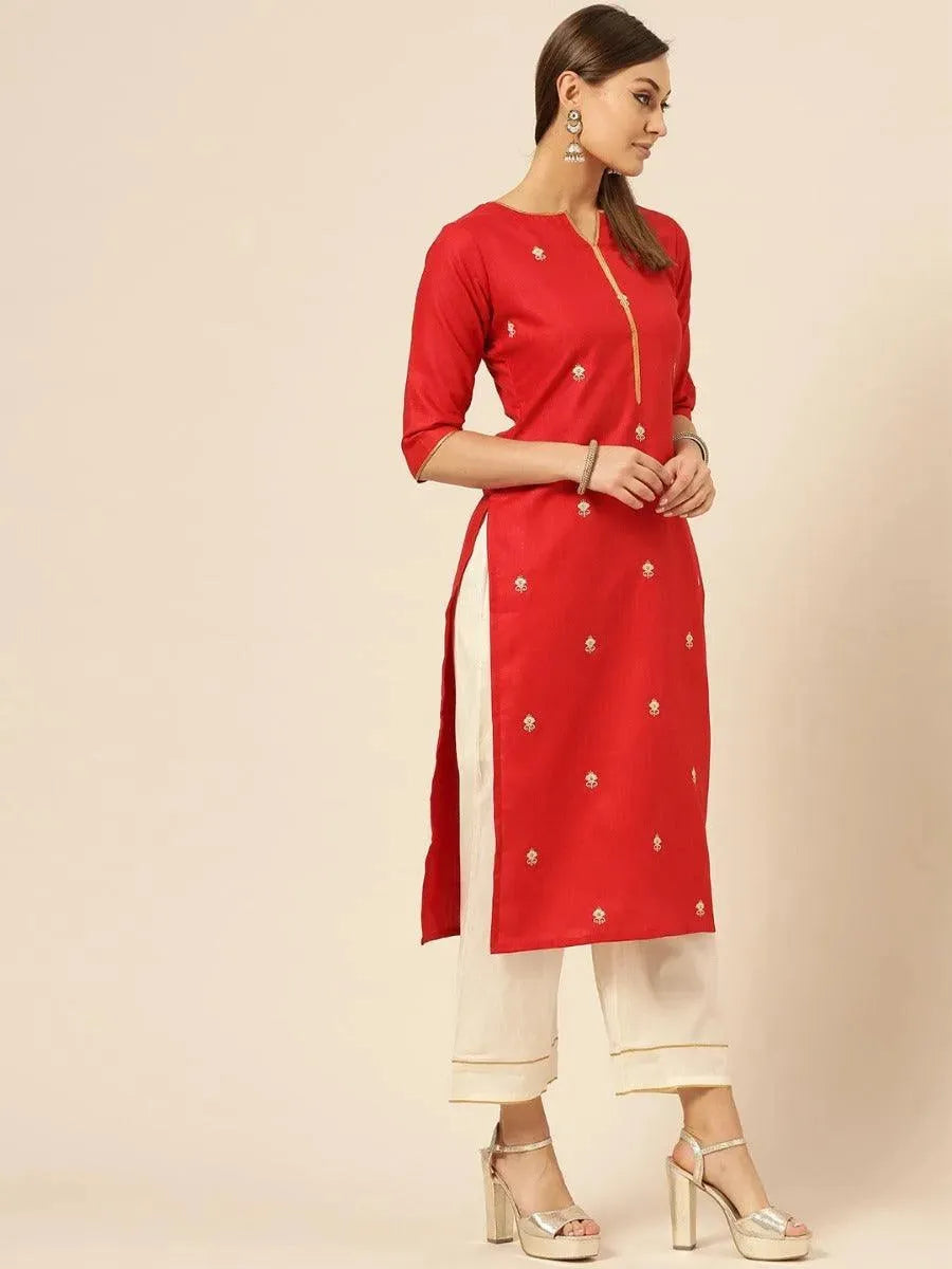 Red Embroidered Cotton Kurta Set - Libas 