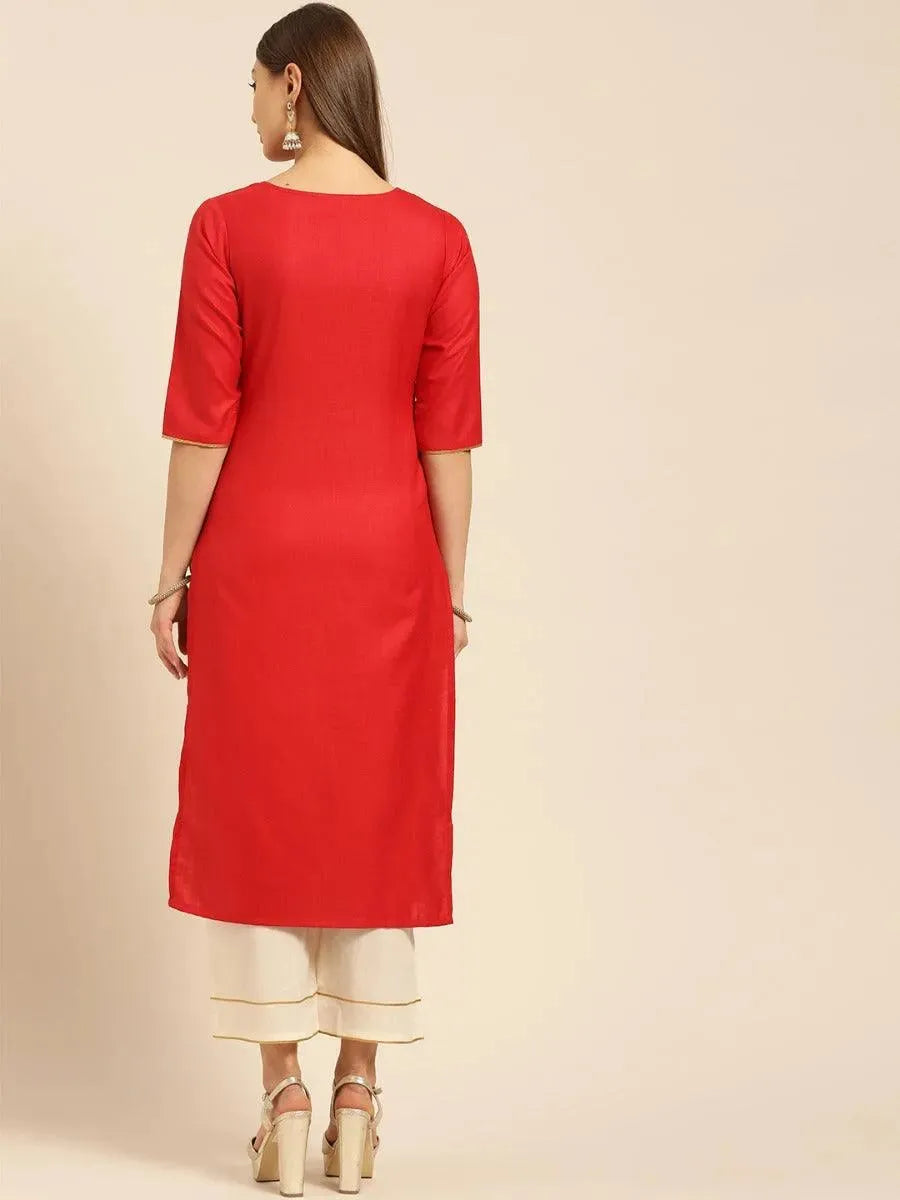 Red Embroidered Cotton Kurta Set - Libas