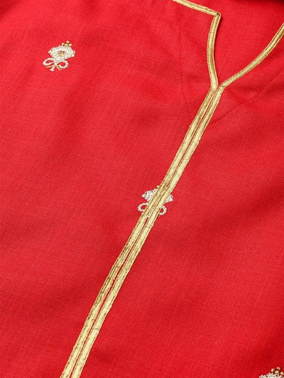 Red Embroidered Cotton Kurta Set - Libas