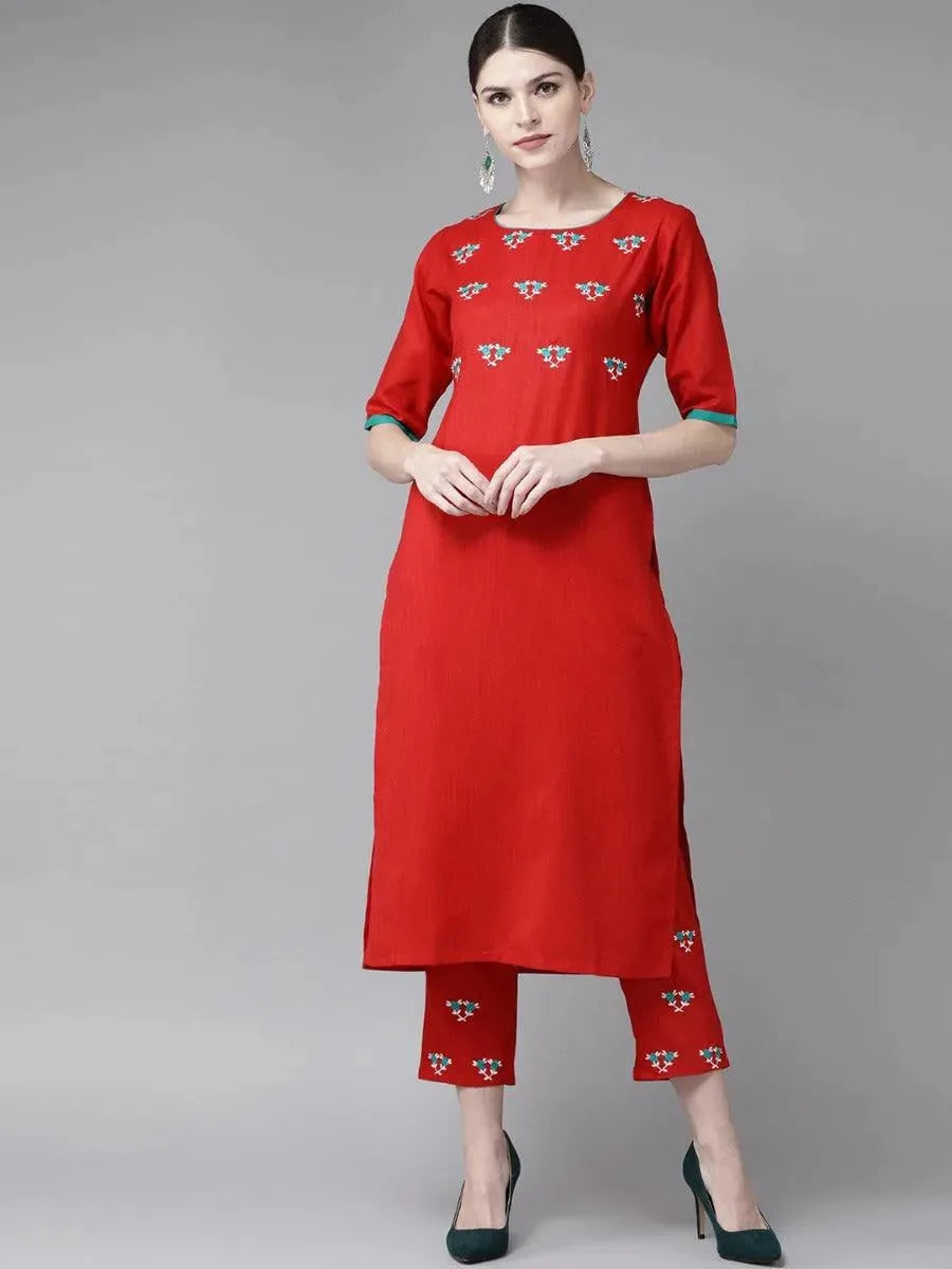 Red Embroidered Cotton Kurta Set - Libas