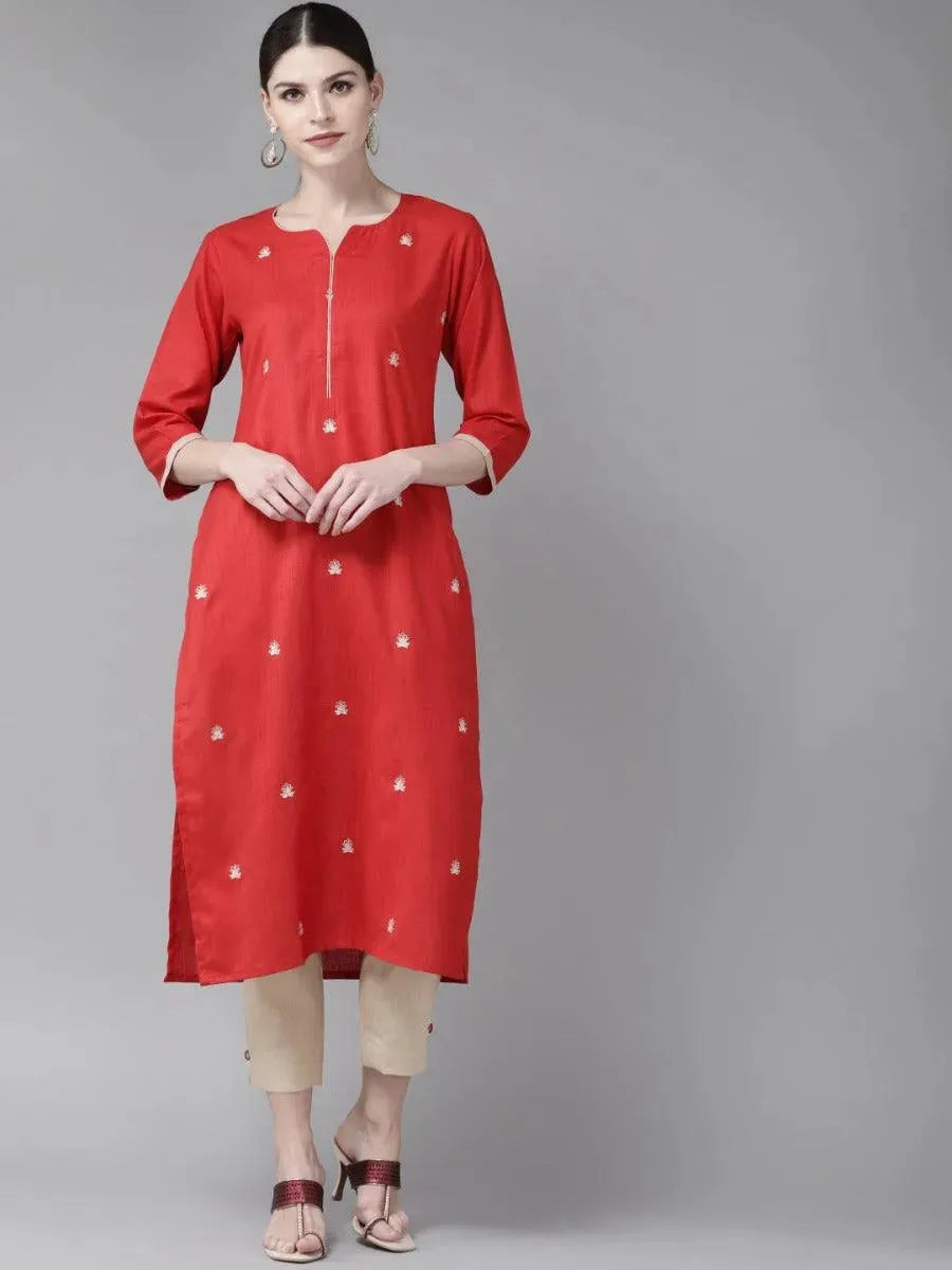 Red Embroidered Cotton Kurta Set - Libas