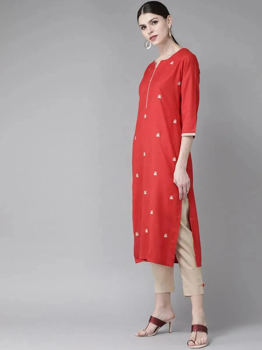 Red Embroidered Cotton Kurta Set - Libas 