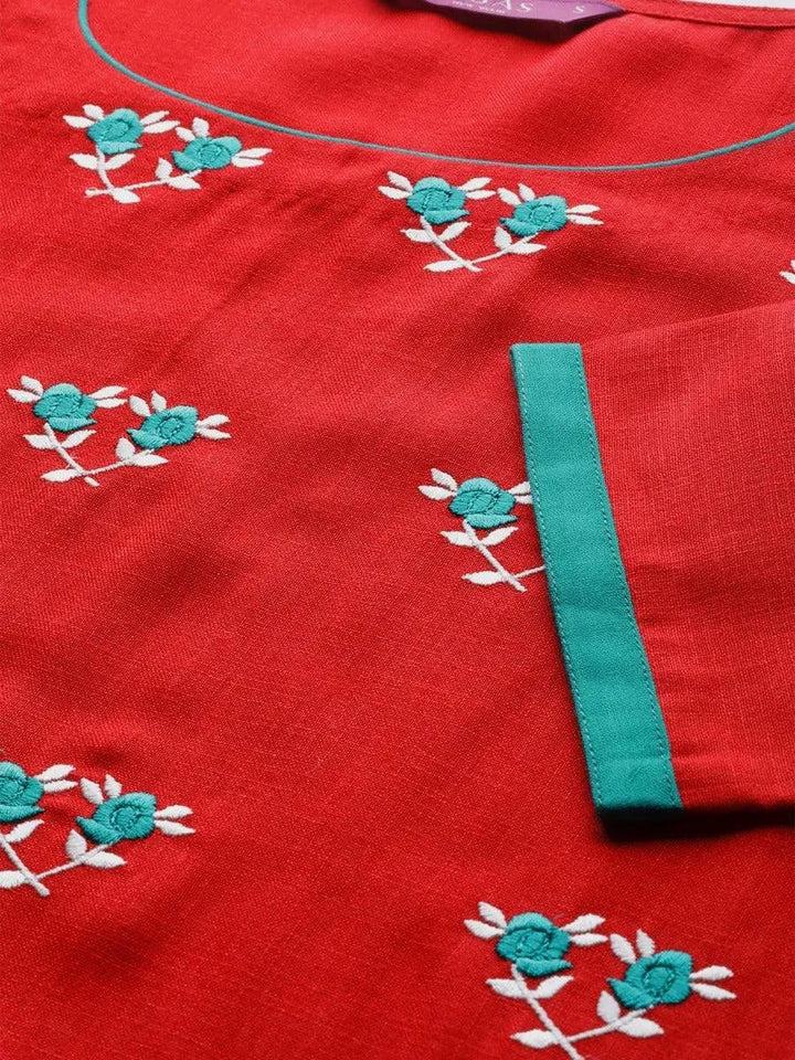 Red Embroidered Cotton Kurta Set - Libas