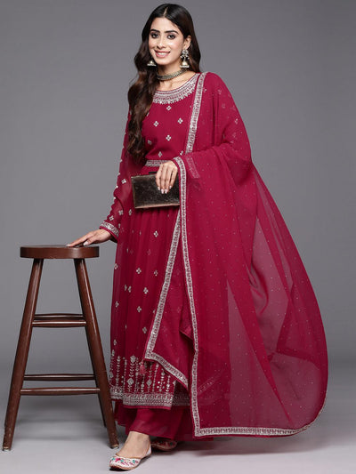 Red Embroidered Georgette A-Line Kurta With Palazzos & Dupatta - Libas