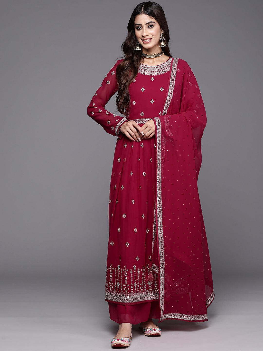 Red Embroidered Georgette A-Line Kurta With Palazzos & Dupatta