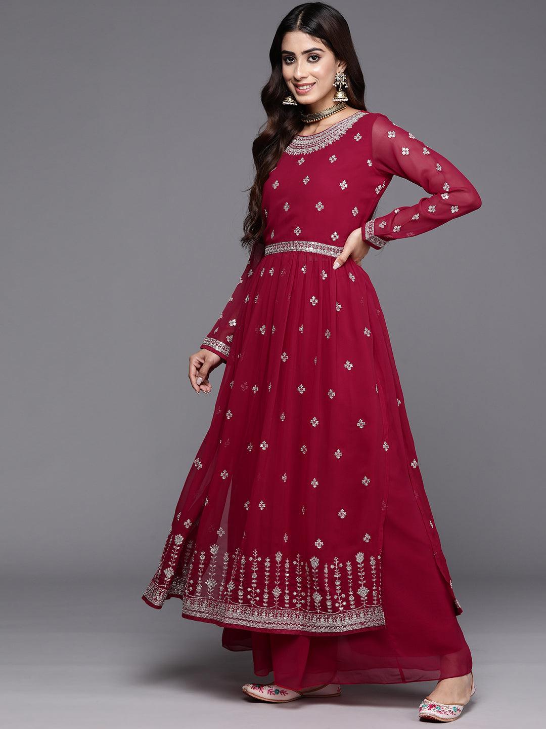 Red Embroidered Georgette A-Line Kurta With Palazzos & Dupatta - Libas