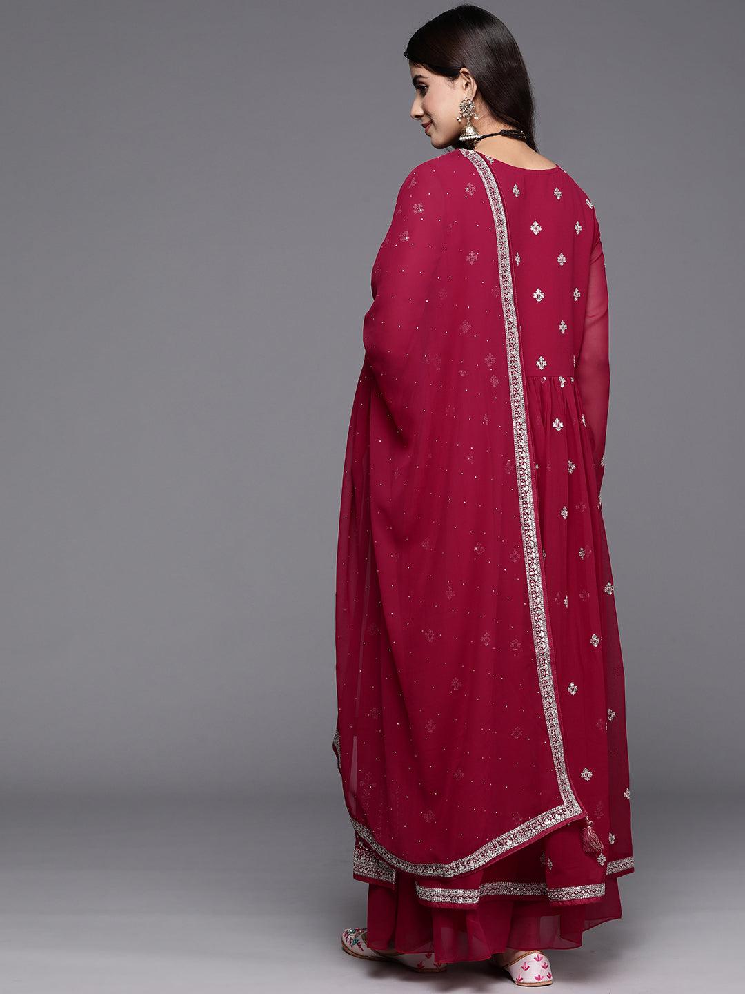 Red Embroidered Georgette A-Line Kurta With Palazzos & Dupatta