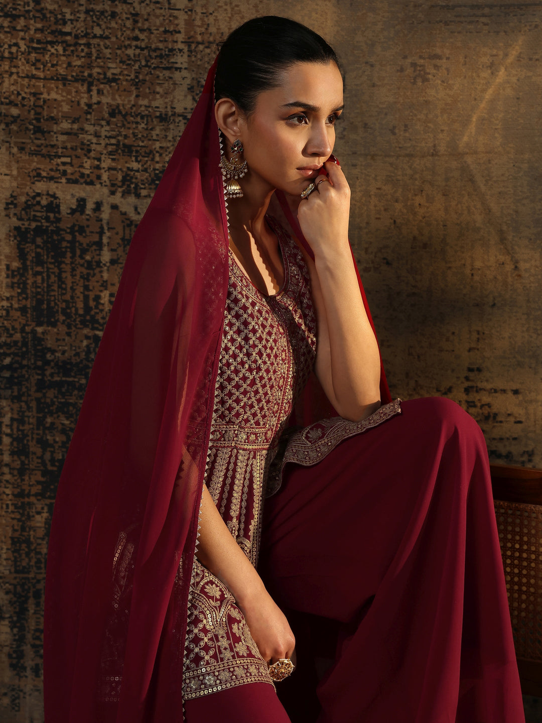 Red Embroidered Georgette A-Line Suit Set With Dupatta