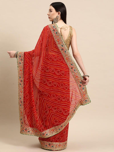 Red Embroidered Georgette Saree - Libas