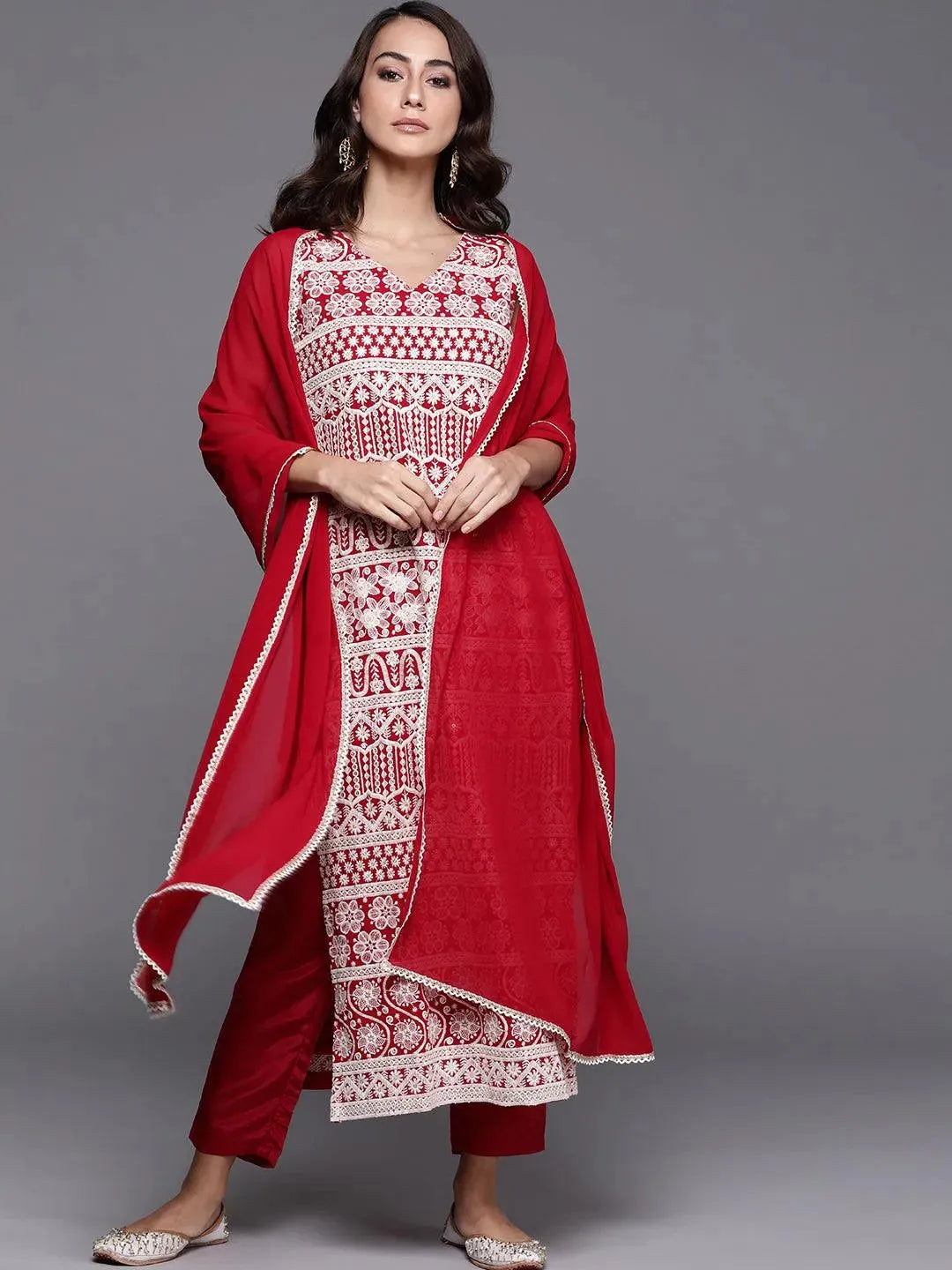 Red Embroidered Georgette Suit Set - Libas