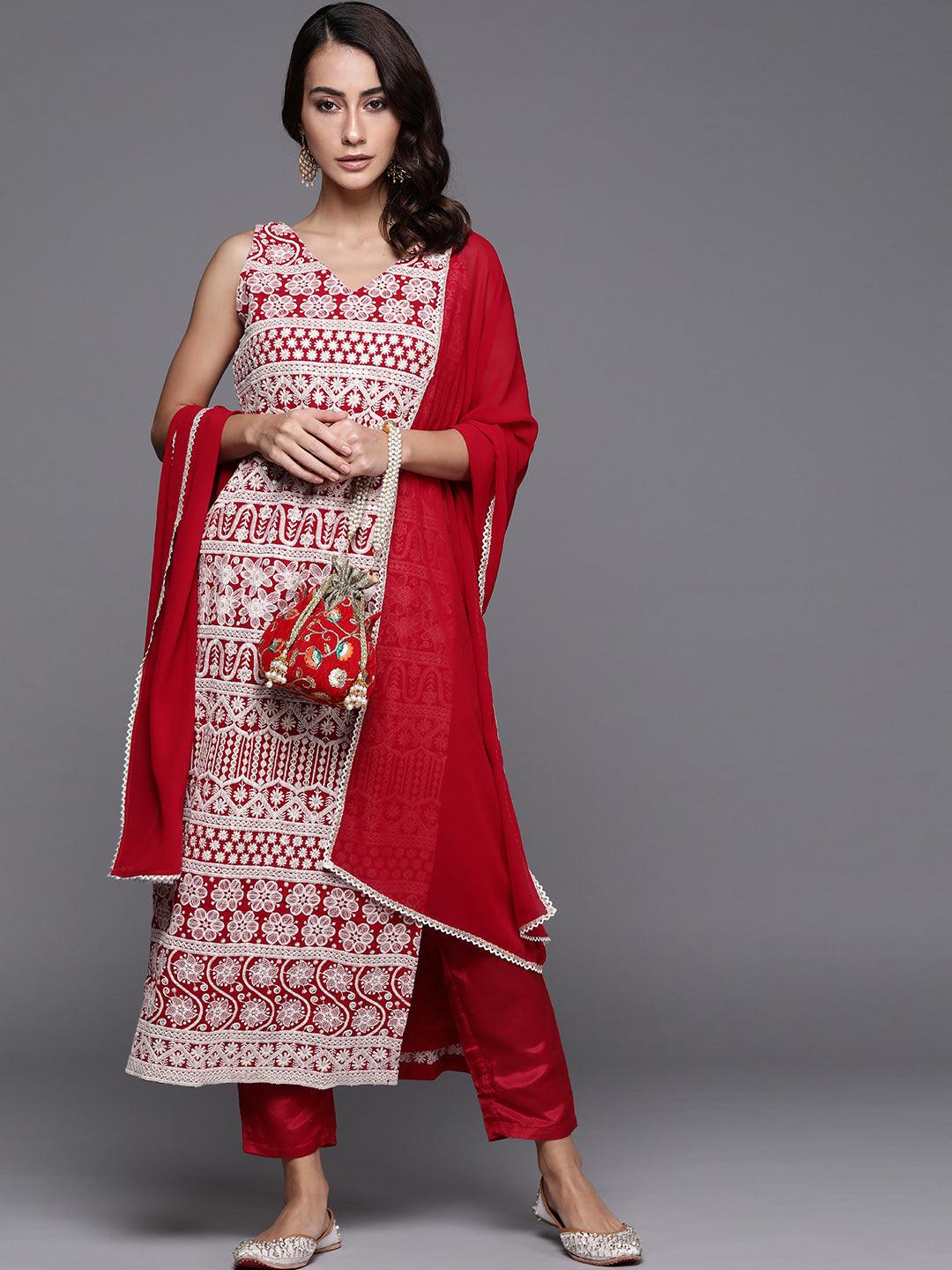 Red Embroidered Georgette Suit Set - Libas