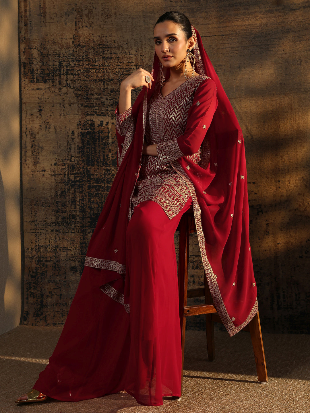 Red Embroidered Georgette Straight Suit Set With Dupatta